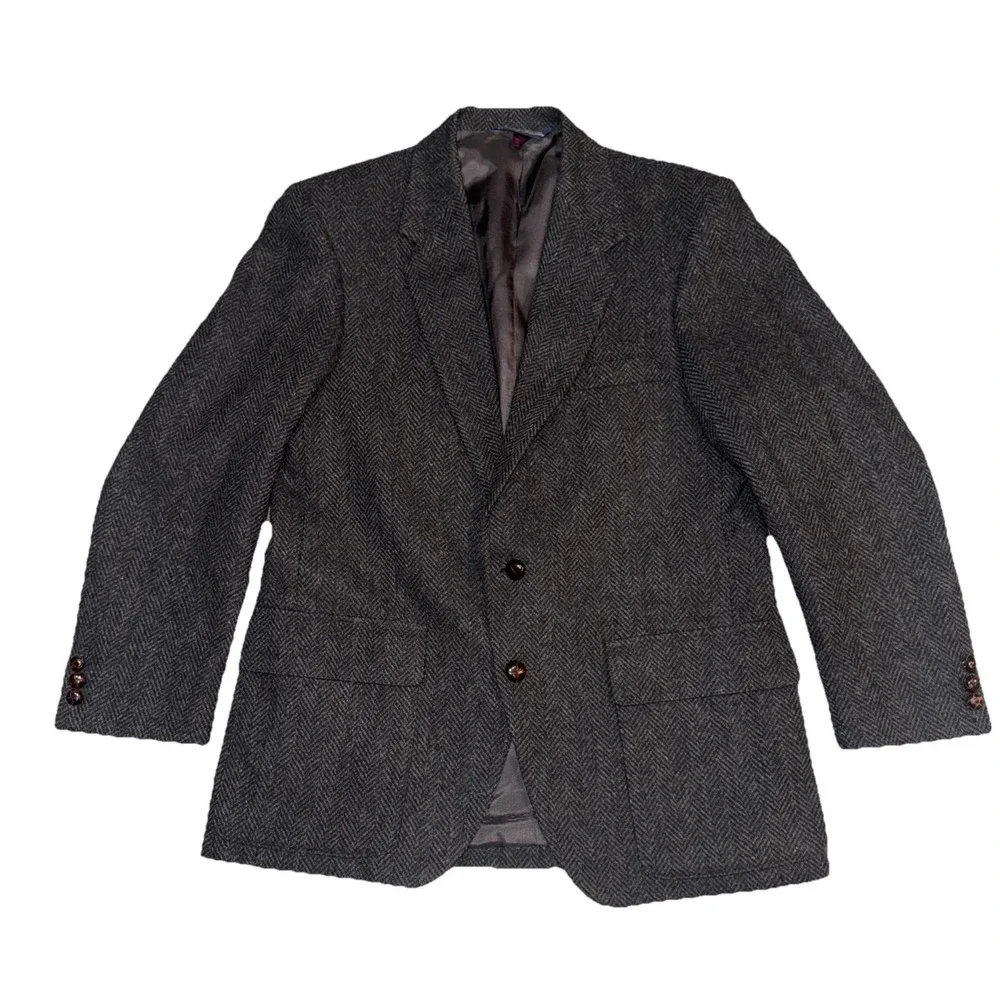WFF by Farah Blazer Men Dark Gray Black Herringbone 100% Wool Tweed 2 Button 42R